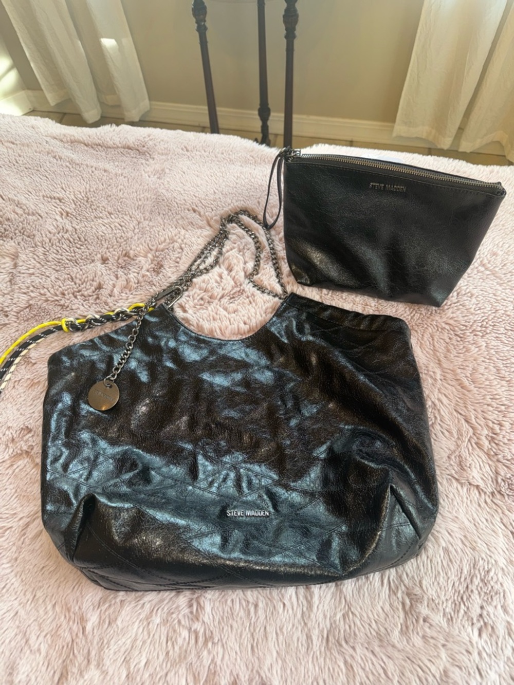 Steve Madden Black Leather Shoulder Tote with Removable Pouch